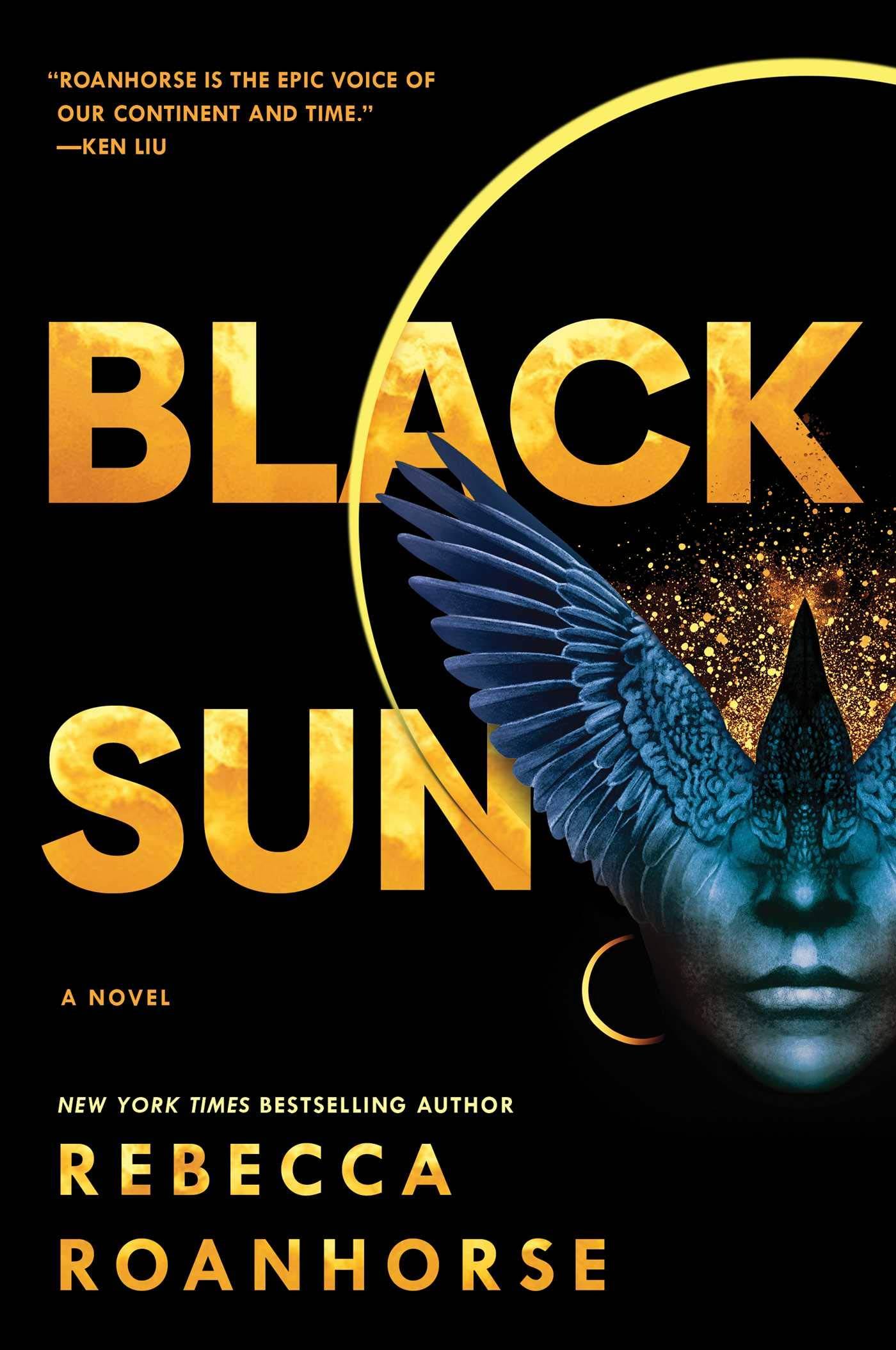 "Black Sun" black book cover featuring the lower half of a face that merges into the wings of a bird.